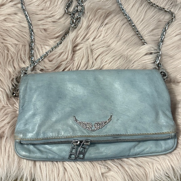Zadid & Voltaire Rock Leather Chain Strap Light Blue Women's Bag small - Picture 6 of 16